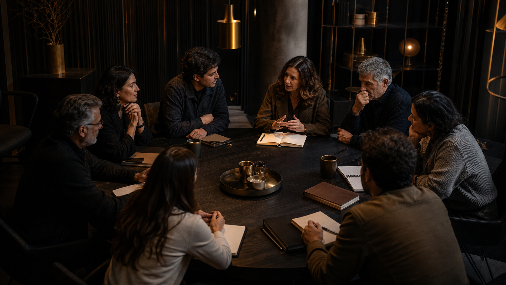 Círculo de mentores reunido alrededor de una mesa de trabajo