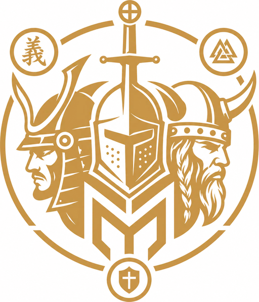 Emblema de La Orden de los Mentores: samurái, caballero y vikingo